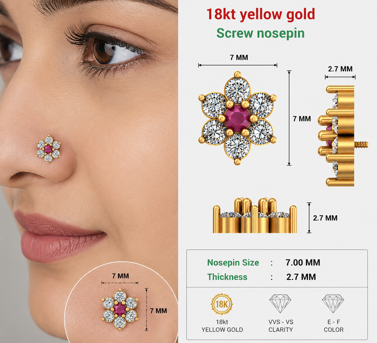 Floral Ruby Nose Pin - Image 3